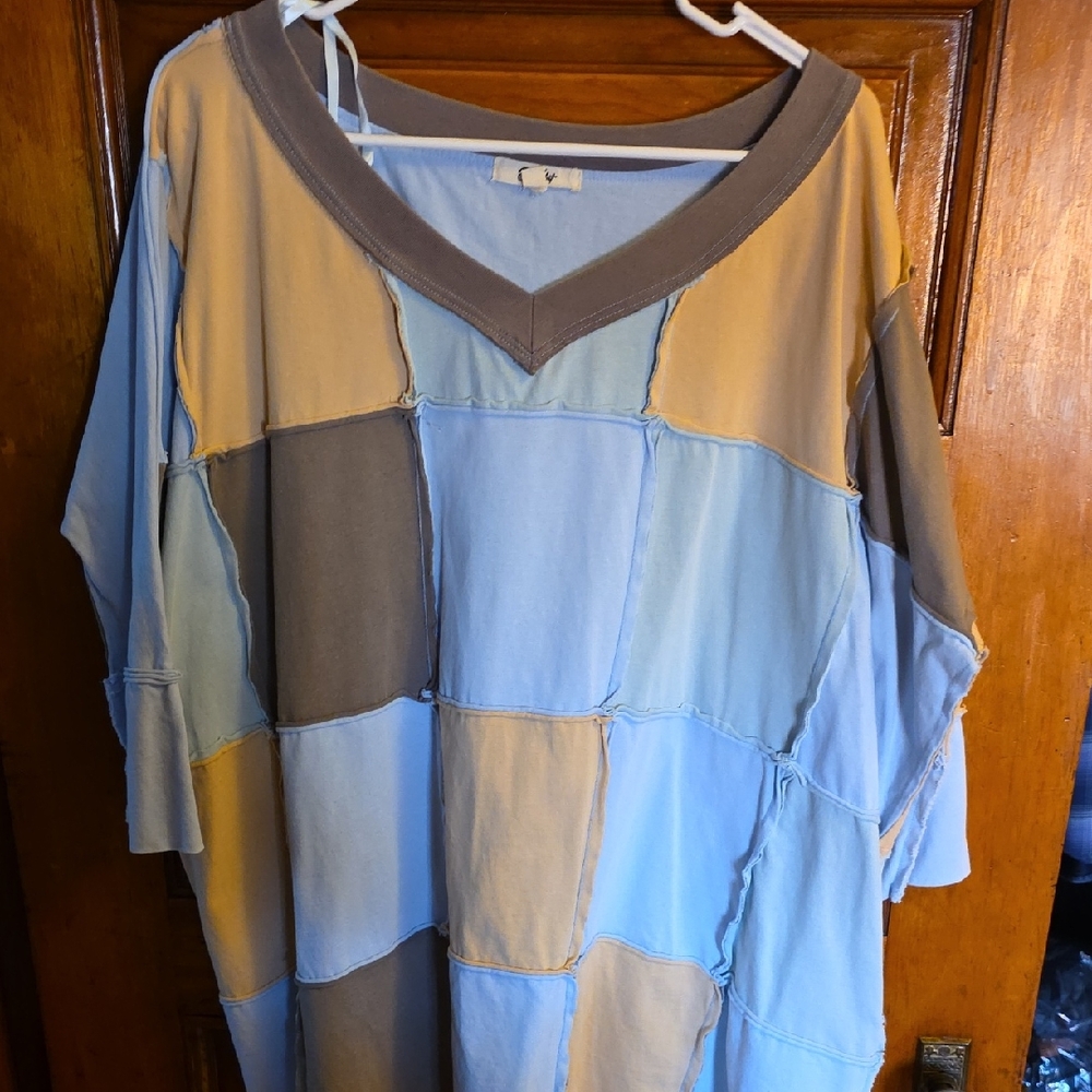 Boho Beauty Blue Velvet Casual Patchwork Oversized Top Not So Small Small